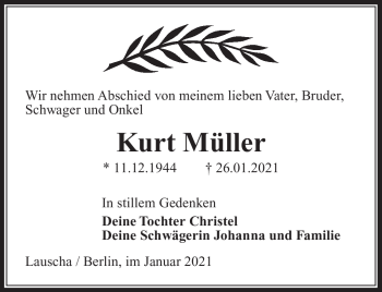 Traueranzeige von Kurt Müller von Südthüringer Presse