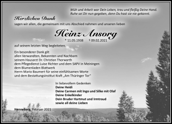 Traueranzeige von Heinz Ansorg von Südthüringer Presse