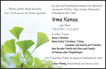 Traueranzeige von Irma Kensa von Südthüringer Presse