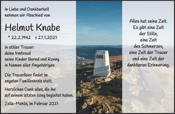 Traueranzeige von Helmut Knabe von Südthüringer Presse