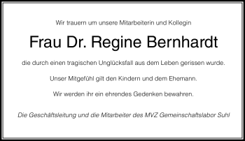 Traueranzeige von Regine Bernhardt von Südthüringer Presse