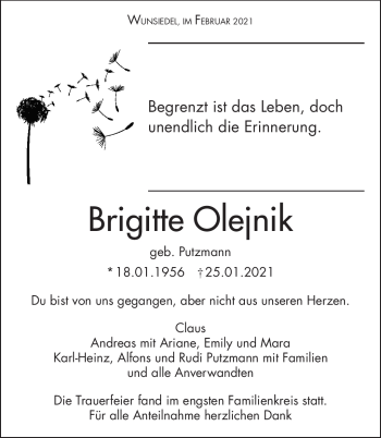 Traueranzeige von Brigitte Olejnik von Frankenpost