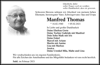 Traueranzeige von Manfred Thomas von Südthüringer Presse