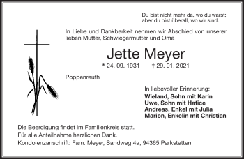 Traueranzeige von Jette Meyer von Frankenpost