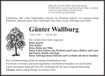 Traueranzeige von Günter Wallburg von Südthüringer Presse