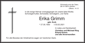 Traueranzeige von Erika Grimm von Frankenpost