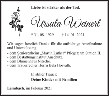 Traueranzeige von Ursula Weinert von Südthüringer Presse