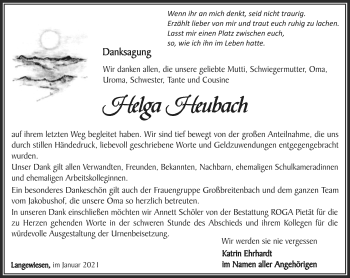 Traueranzeige von Helga Heubach von Südthüringer Presse