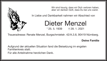 Traueranzeige von Dieter Menzel von Frankenpost