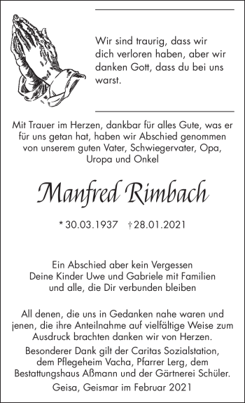 Traueranzeige von Manfred Rimbach von Südthüringer Presse