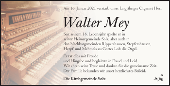 Traueranzeige von Walter Mey von Südthüringer Presse