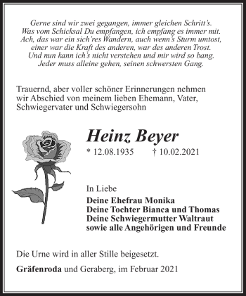 Traueranzeige von Heinz Beyer von Südthüringer Presse