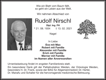 Traueranzeige von Rudolf Nirschl von Frankenpost