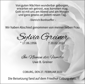 Traueranzeige von Sylvia Greiner von Neue Presse Coburg