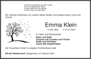Traueranzeige von Emma Klein von Südthüringer Presse