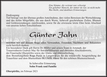 Traueranzeige von Günther Jahn von Südthüringer Presse