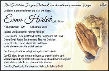 Traueranzeige von Erna Herbst von Südthüringer Presse