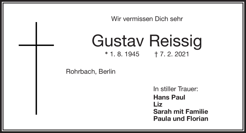  Traueranzeige für Gustav Reissig vom 16.02.2021 aus Frankenpost