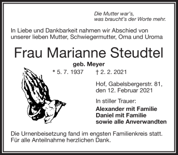 Traueranzeige von Marianne Steudtel von Frankenpost
