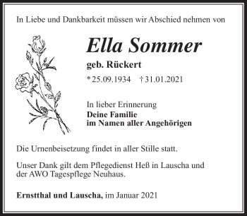 Traueranzeige von Ella Sommer von Südthüringer Presse