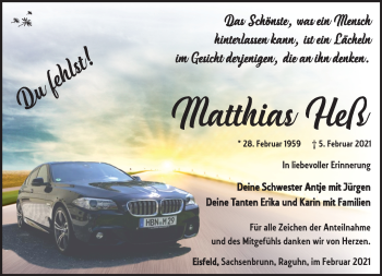 Traueranzeige von Matthias Heß von Südthüringer Presse