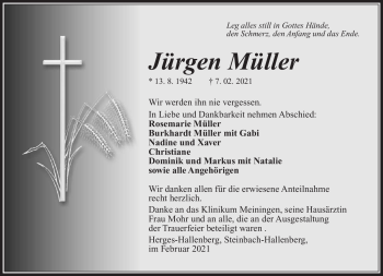 Traueranzeige von Jürgen Müller von Südthüringer Presse