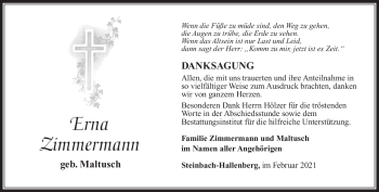 Traueranzeige von Erna Zimmermann von Südthüringer Presse
