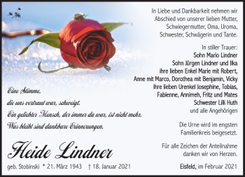 Traueranzeige von Heide Lindner von Südthüringer Presse