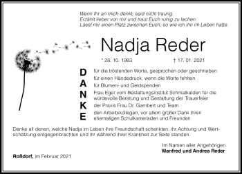 Traueranzeige von Reder Nadja von Südthüringer Presse