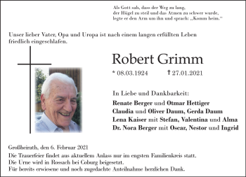 Traueranzeige von Robert Grimm von Frankenpost