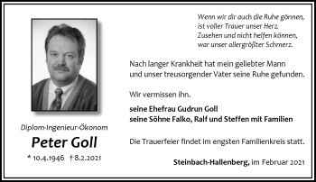 Traueranzeige von Peter Goll von Südthüringer Presse
