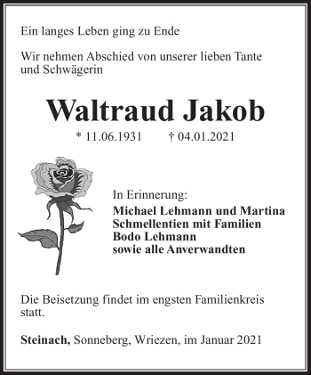 Traueranzeige von Waltraud Jakob von Südthüringer Presse