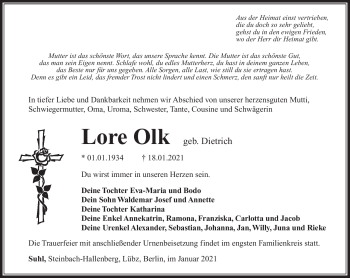 Traueranzeige von Lore Olk von Südthüringer Presse