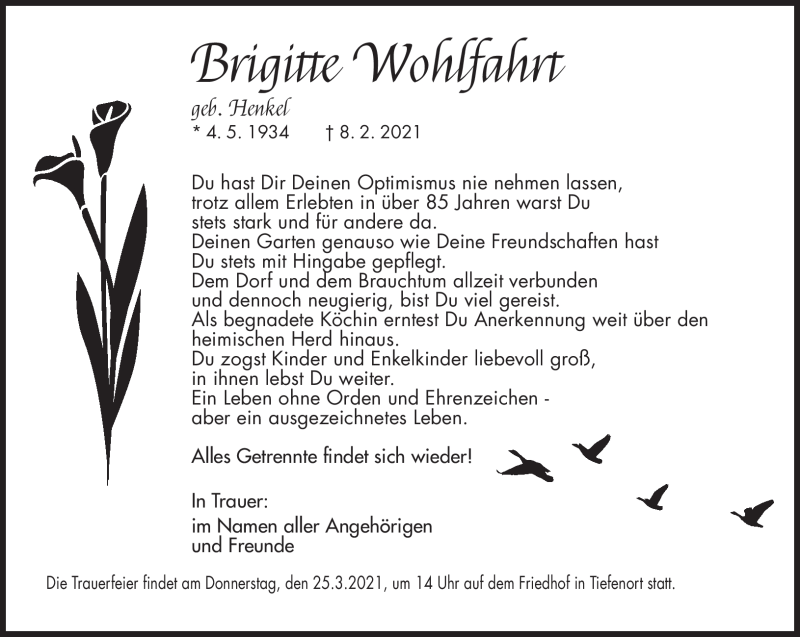  Traueranzeige für Brigitte Wohlfahrt vom 20.02.2021 aus Südthüringer Presse