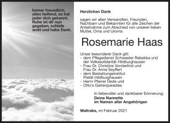 Traueranzeige von Rosemarie Haas von Südthüringer Presse
