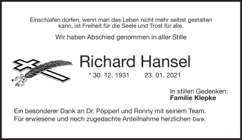 Traueranzeige von Richadd Hansel von Neue Presse Coburg