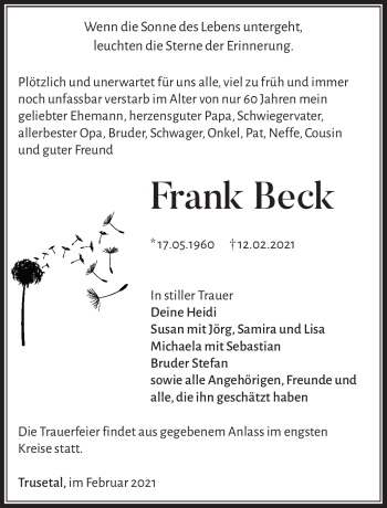 Traueranzeige von Frank Beck von Südthüringer Presse