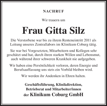 Traueranzeige von Gitta Silz von Neue Presse Coburg
