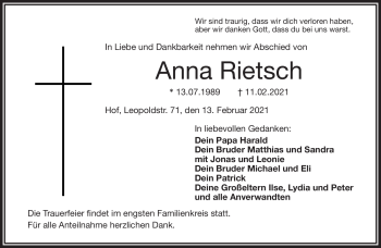 Traueranzeige von Anna Rietsch von Frankenpost