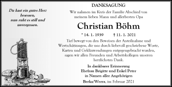 Traueranzeige von Christian Böhm von Südthüringer Presse