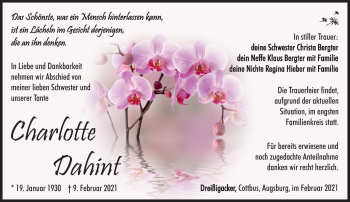 Traueranzeige von Charlotte Dahint von Südthüringer Presse