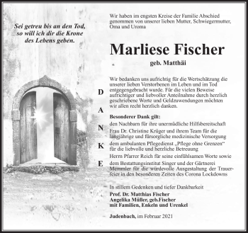 Traueranzeige von Marliese Fischer von Südthüringer Presse