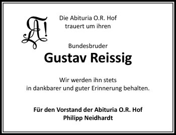 Traueranzeige von Gustav Reissig von Frankenpost