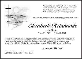 Traueranzeige von Elisabeth Reinhardt von Südthüringer Presse