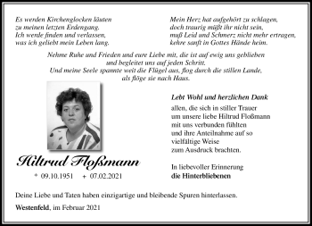 Traueranzeige von Hiltrud Floßmann von Südthüringer Presse