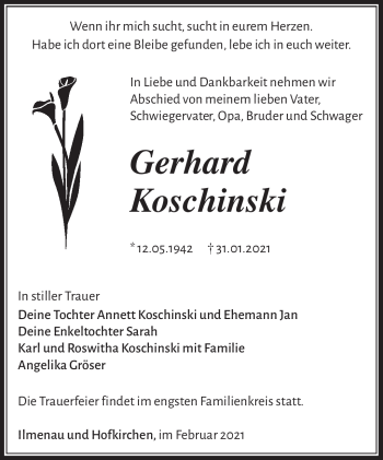 Traueranzeige von Gerhard Koschinski von Südthüringer Presse