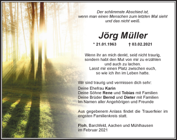 Traueranzeige von Jörg Müller von Südthüringer Presse