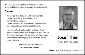 Traueranzeige von Josef Thiel von Südthüringer Presse