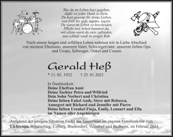 Traueranzeige von Gerald Heß von Südthüringer Presse