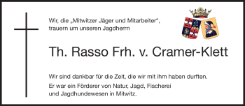 Traueranzeige von Th. Rasso Frh. v. Cramer Klett von Neue Presse Coburg